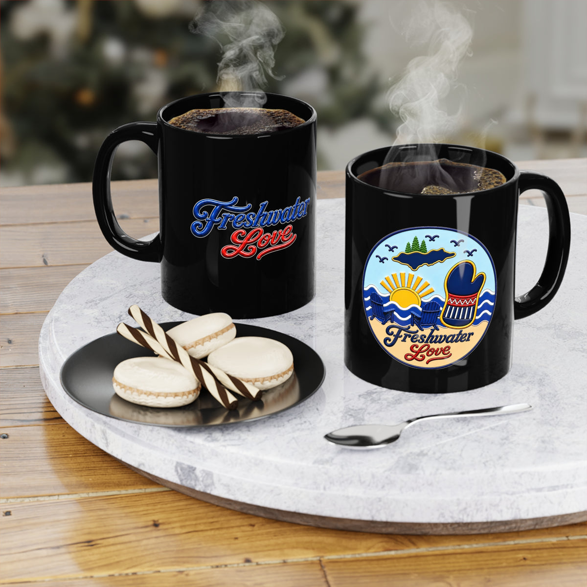 Shoreline Retreat Black Ceramic Mug — 11 oz