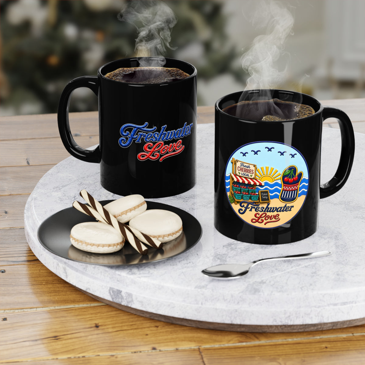 Cherry Harvest Farm Market Black Ceramic Mug — 11 oz