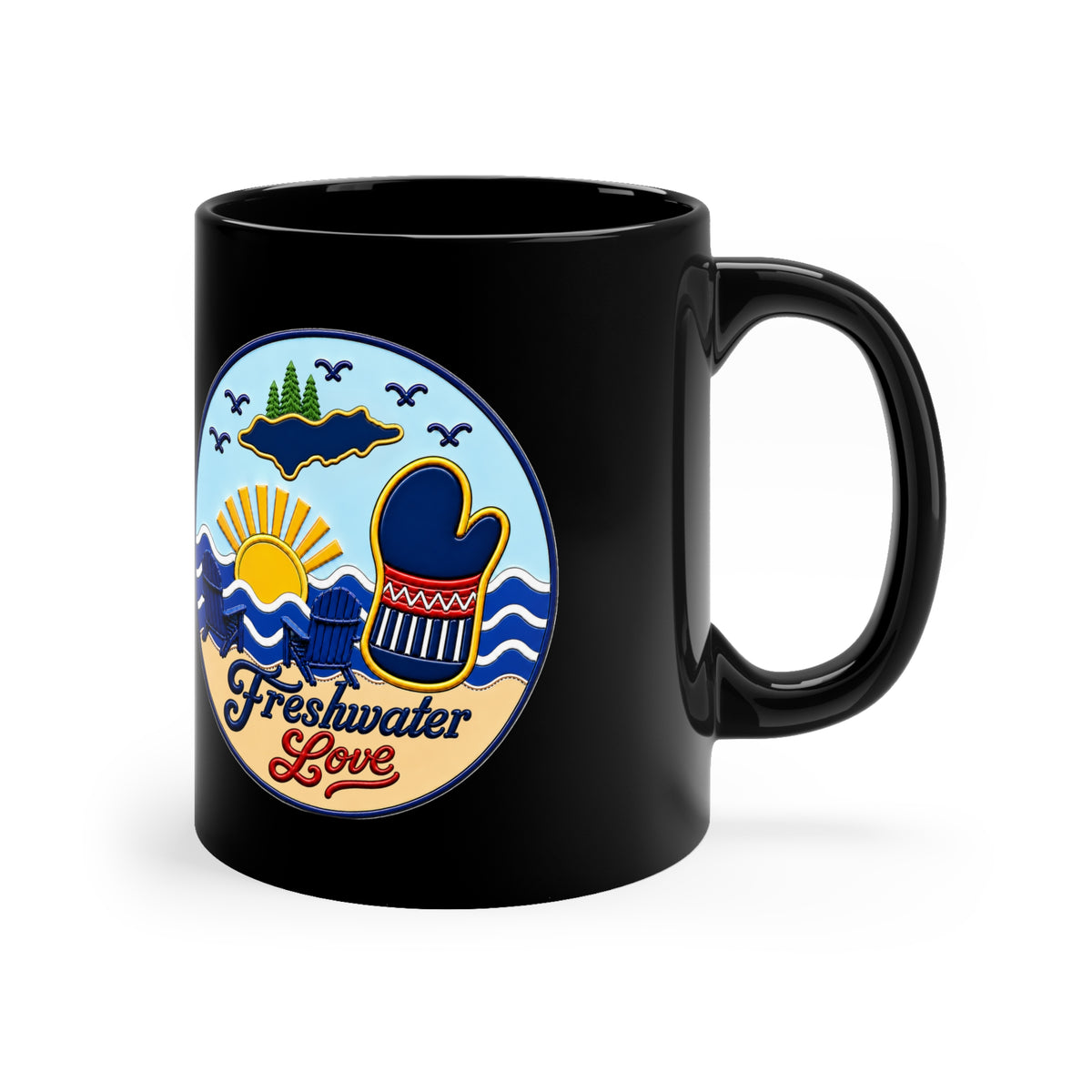 Shoreline Retreat Black Ceramic Mug — 11 oz