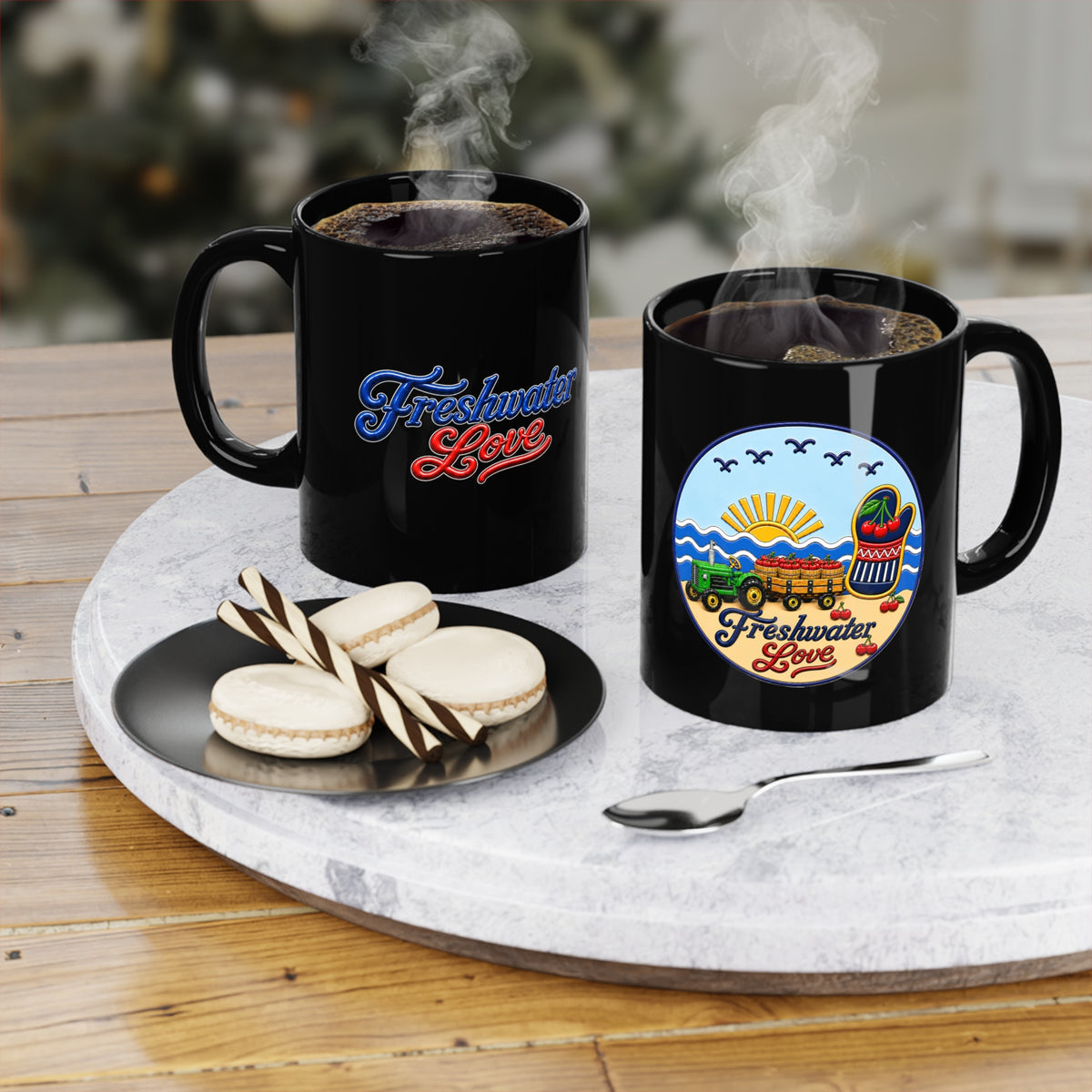 Cherry Harvest Tractor & Wagon Black Ceramic Mug — 11 oz