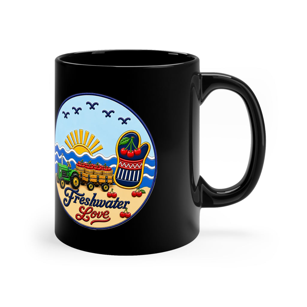 Cherry Harvest Tractor & Wagon Black Ceramic Mug — 11 oz