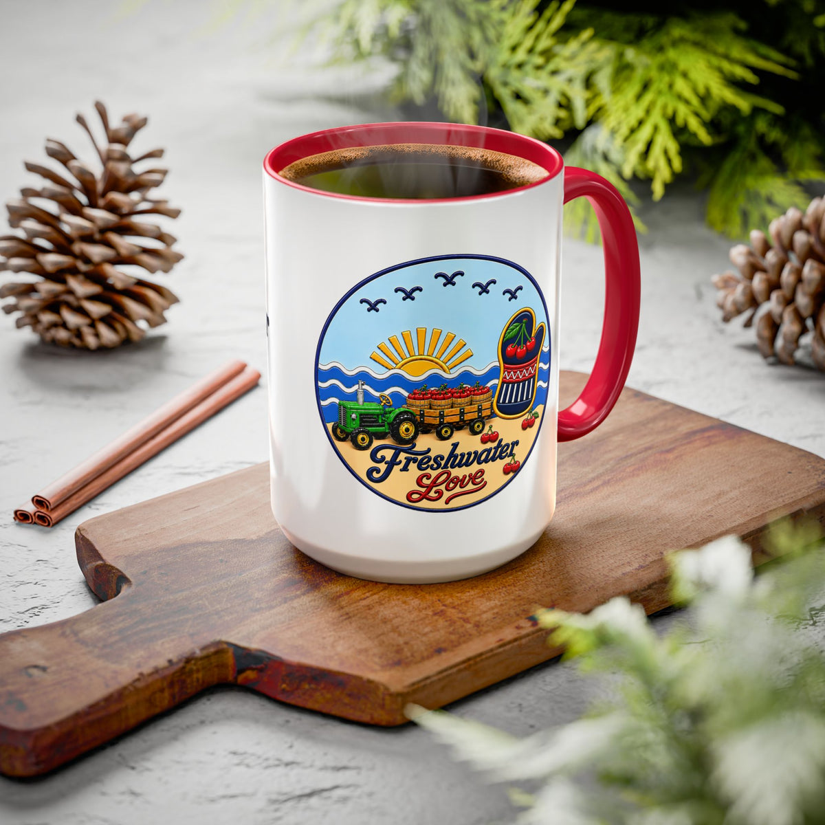 Cherry Harvest Tractor & Wagon Ceramic Mug — 15 oz