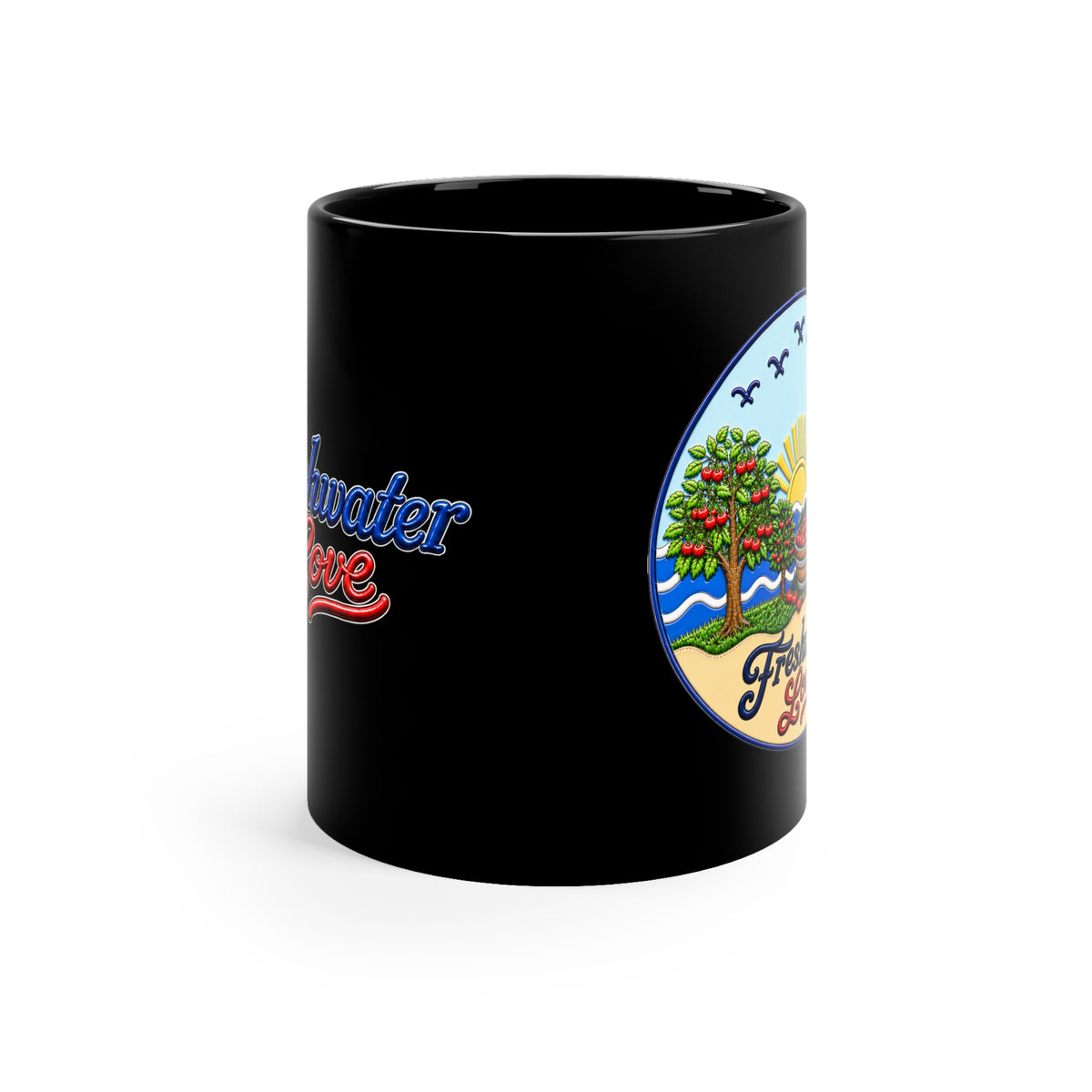 Cherry Harvest Morning Orchard Black Ceramic Mug — 11 oz