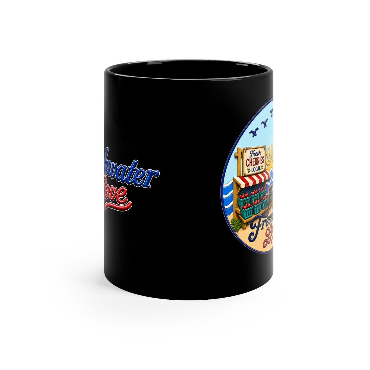 Cherry Harvest Farm Market Black Ceramic Mug — 11 oz