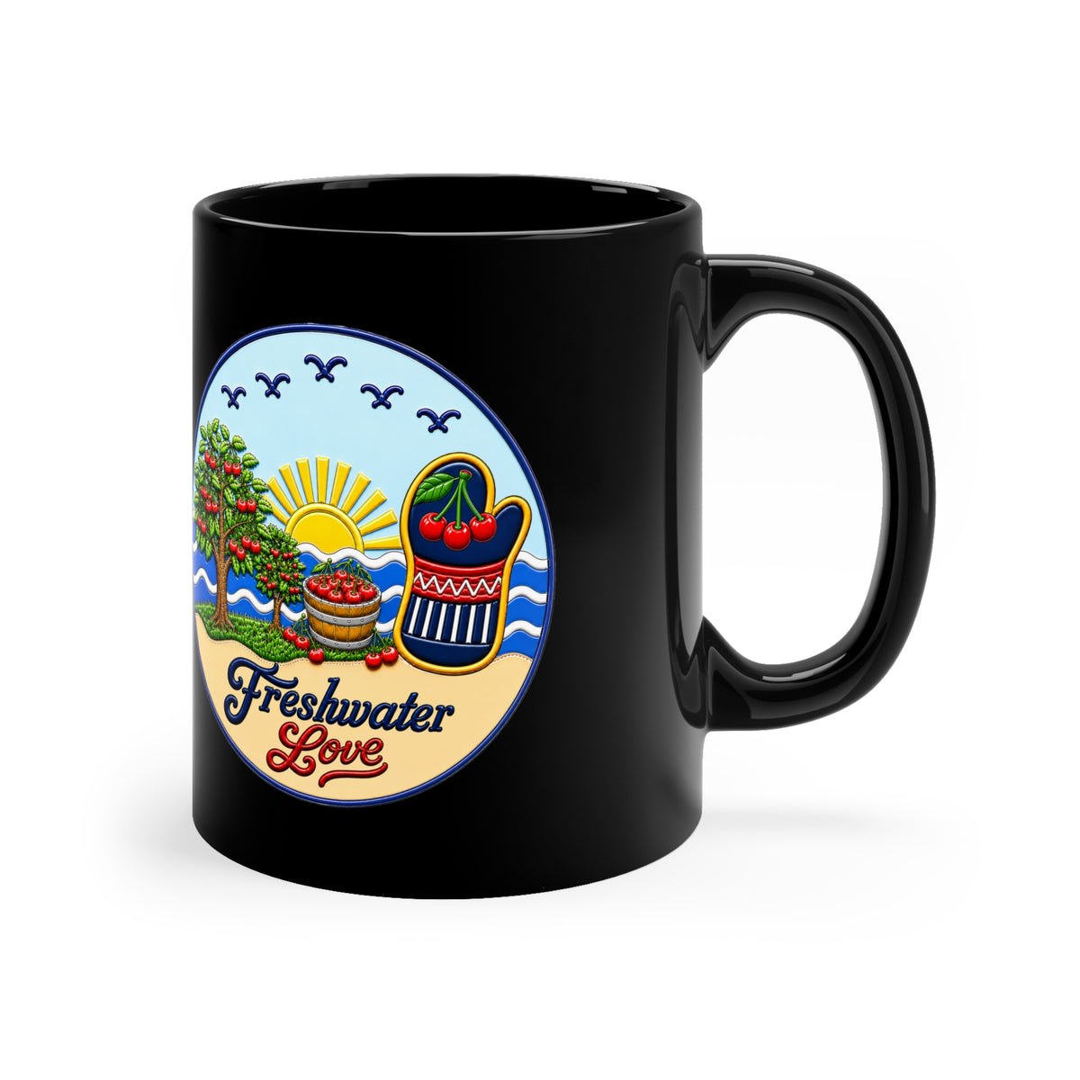 Cherry Harvest Morning Orchard Black Ceramic Mug — 11 oz