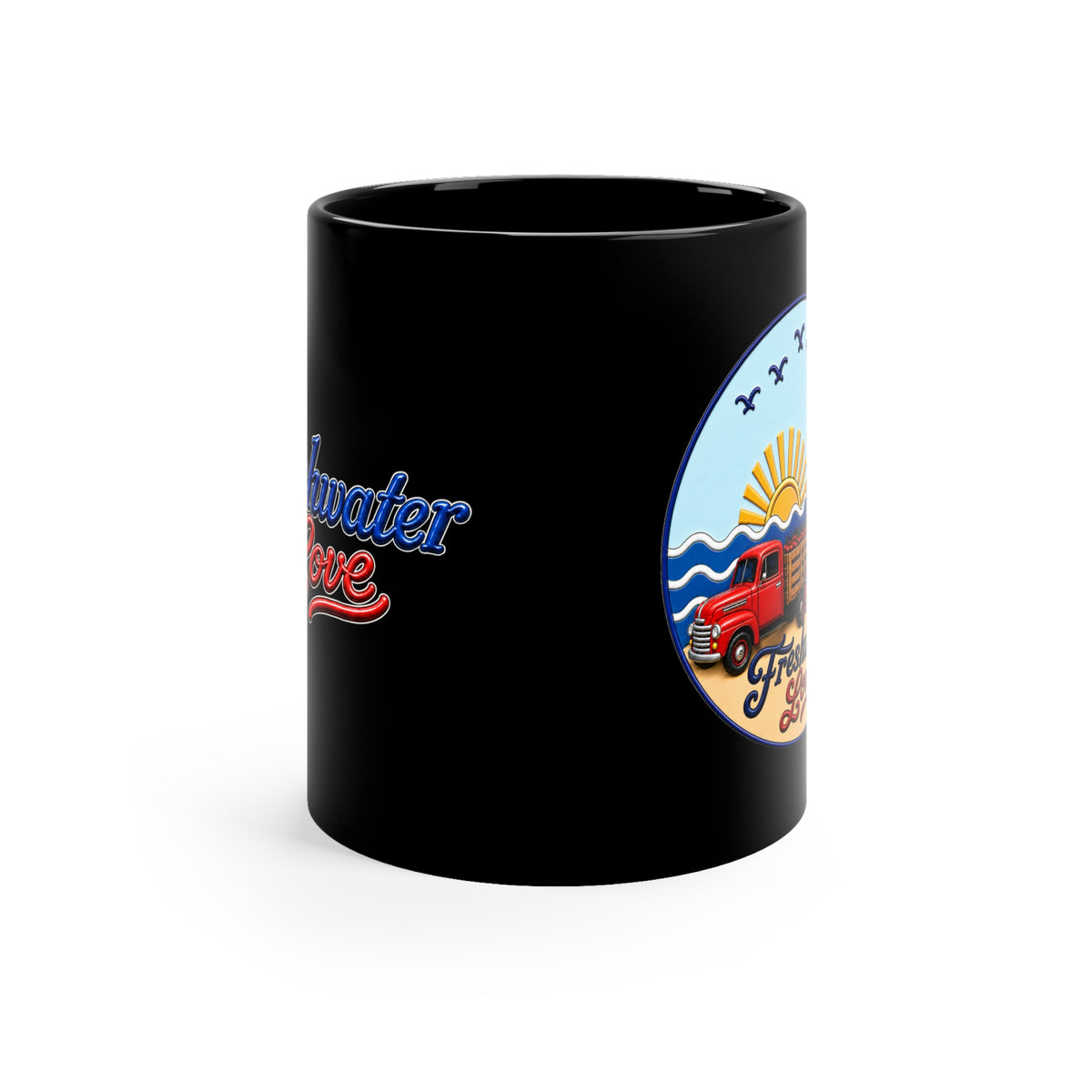 Cherry Harvest Orchard Run Black Ceramic Mug — 11 oz