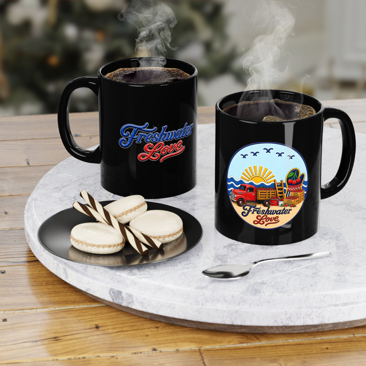 Cherry Harvest Orchard Run Black Ceramic Mug — 11 oz