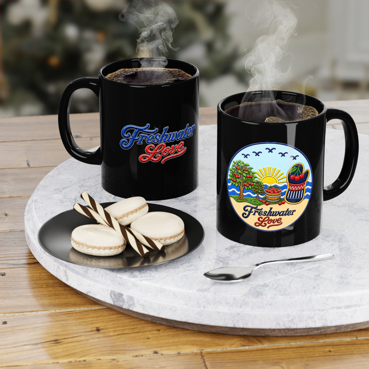 Cherry Harvest Morning Orchard Black Ceramic Mug — 11 oz