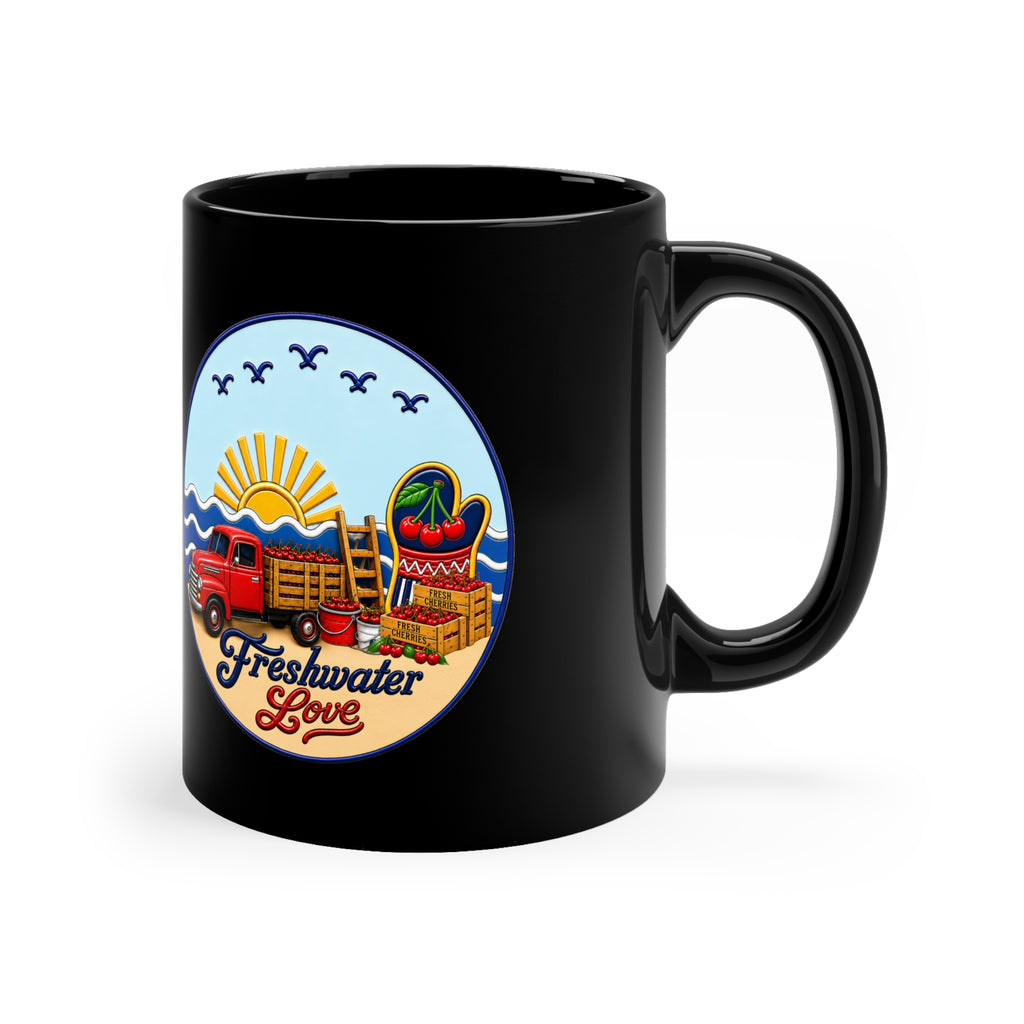 Cherry Harvest Orchard Run Black Ceramic Mug — 11 oz