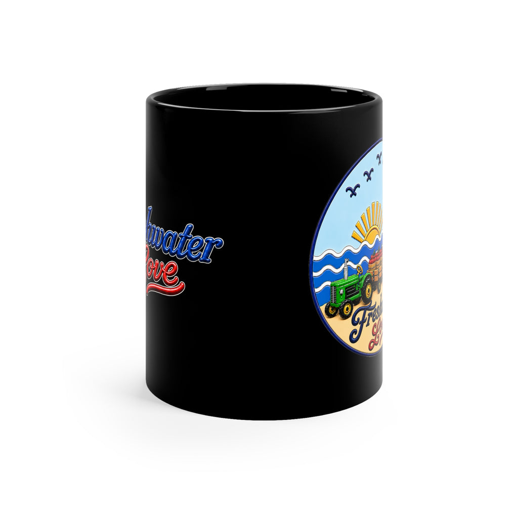 Cherry Harvest Tractor & Wagon Black Ceramic Mug — 11 oz