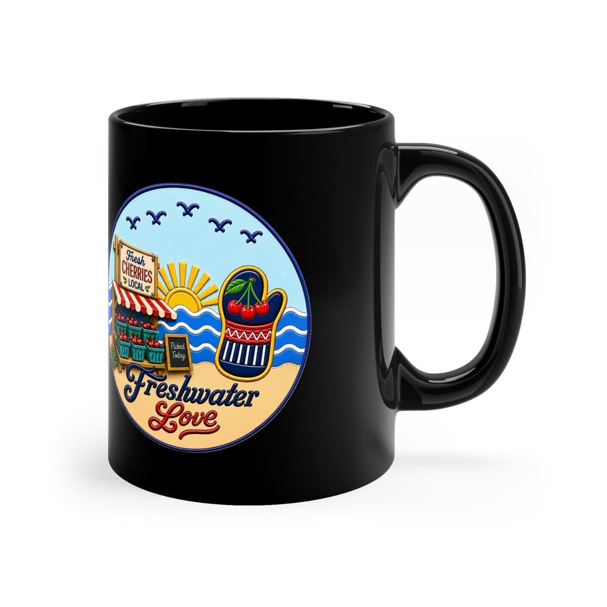Cherry Harvest Farm Market Black Ceramic Mug — 11 oz